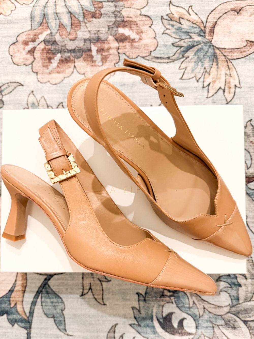 New! Princess Kate fav Tan leather mid heel by British designer Camilla Elphik